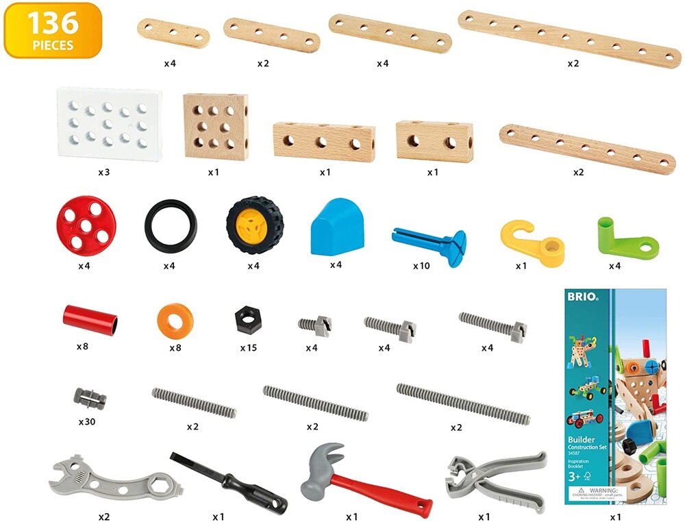 Alle 136 onderdelen van de Brio Builder Constructie Set uitgestald