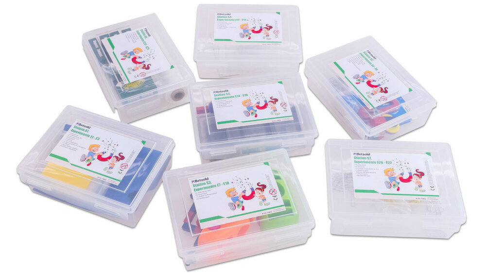 Inhoud van de Betzold schoolset Magnetisme en Kompas met magneten, werkkaarten en opbergbox
