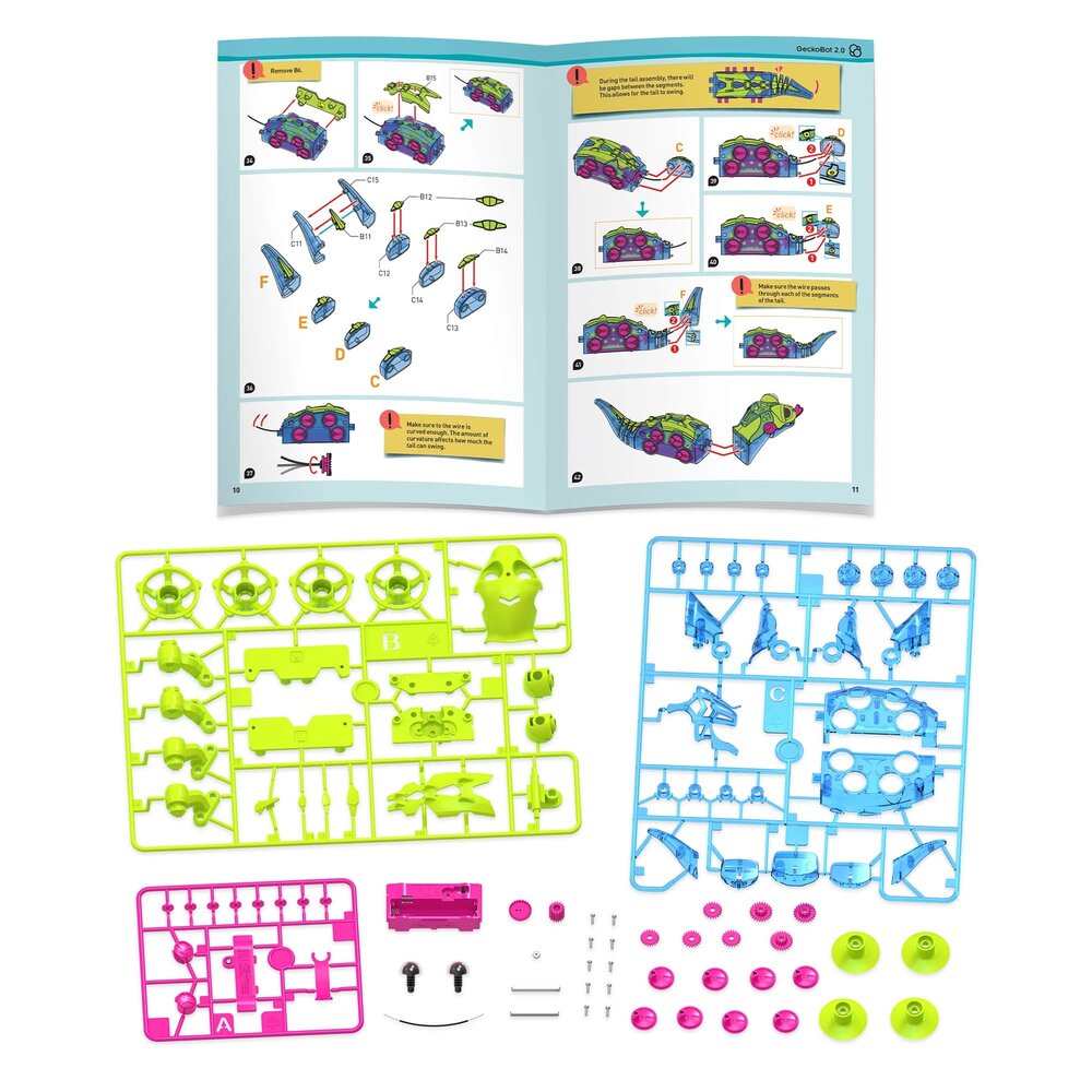 Geckobot 2.0 onderdelen en handleiding op tafel