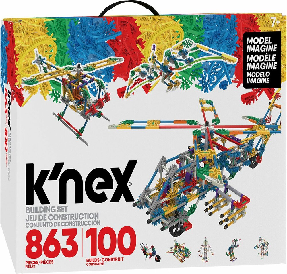 Verpakking van K&rsquo;Nex Classic Bouwset 100 Modellen &ndash; 863-delig met bouwvoorbeelden