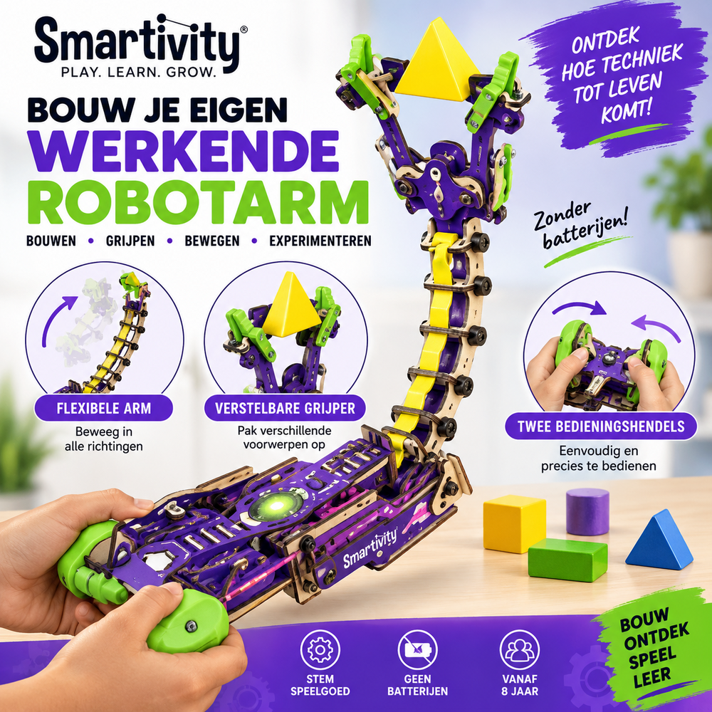 Smartivity Robot Arm &ndash; houten STEM bouwset met flexibele robotarm en verstelbare grijper vanaf 8 jaa