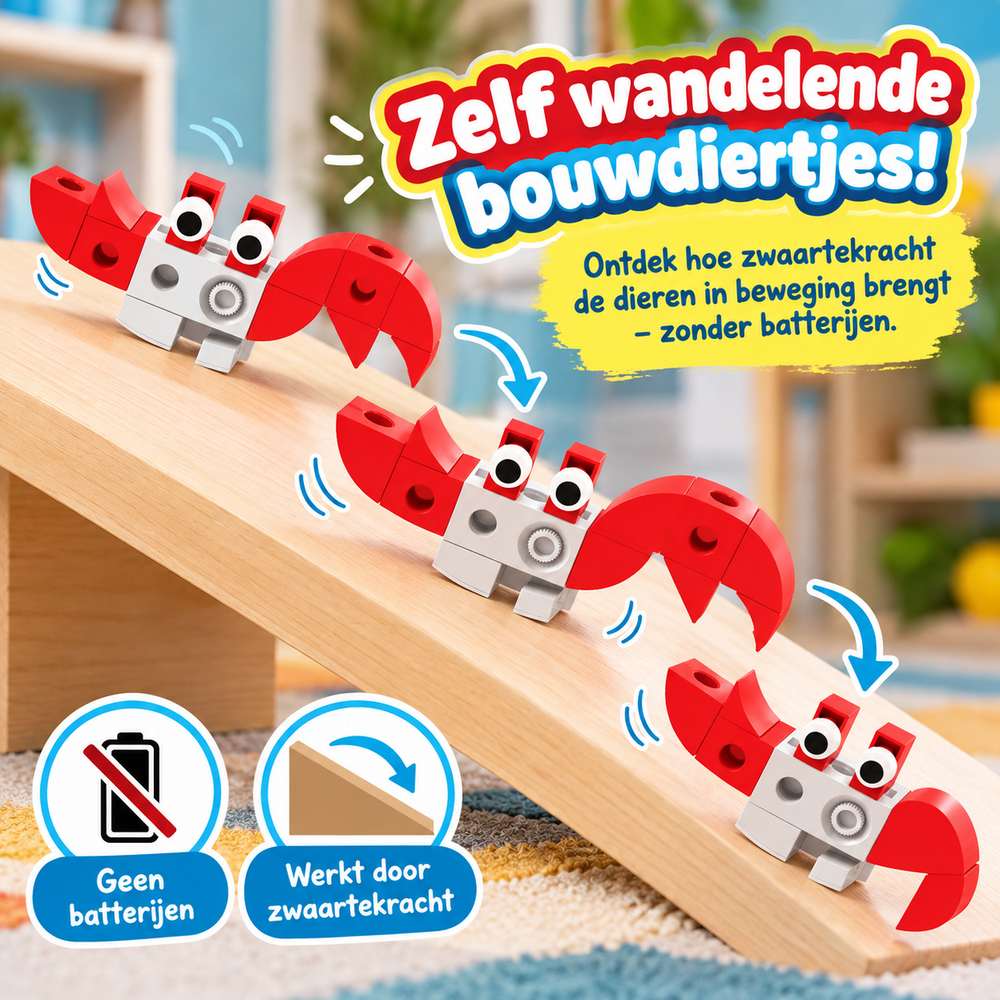 GIGO Ramp Walker &ndash; rode bouwkrab loopt zelfstandig een helling af door zwaartekracht, zonder motor of batterijen.