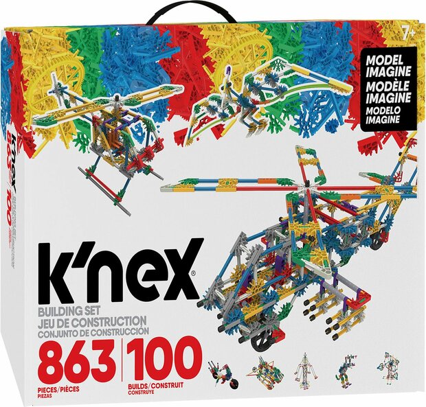 Verpakking van K&rsquo;Nex Classic Bouwset 100 Modellen &ndash; 863-delig met bouwvoorbeelden